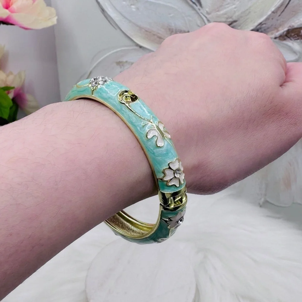 Green Flower Enamel Cloisonne Bracelet Bangle Thick Style